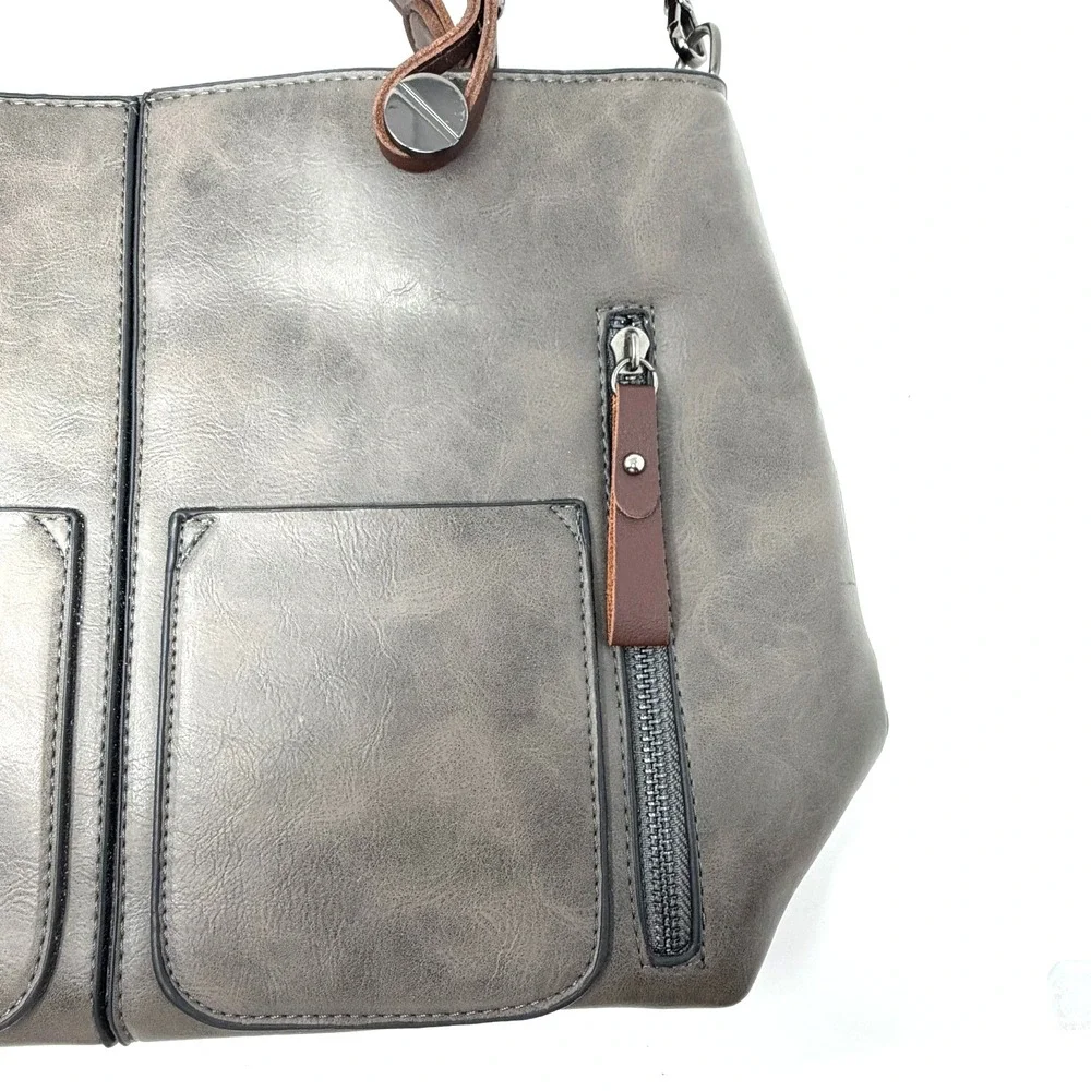 Gray Leather Tote Bag Brown Strap Large Zip‎ Pocket Shoulder Bag